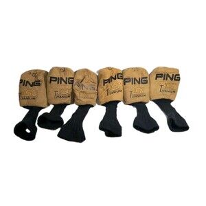 Vintage 6pc LOT Ping IST Titanium Embroidered Black/Tan Golf Club Head Covers